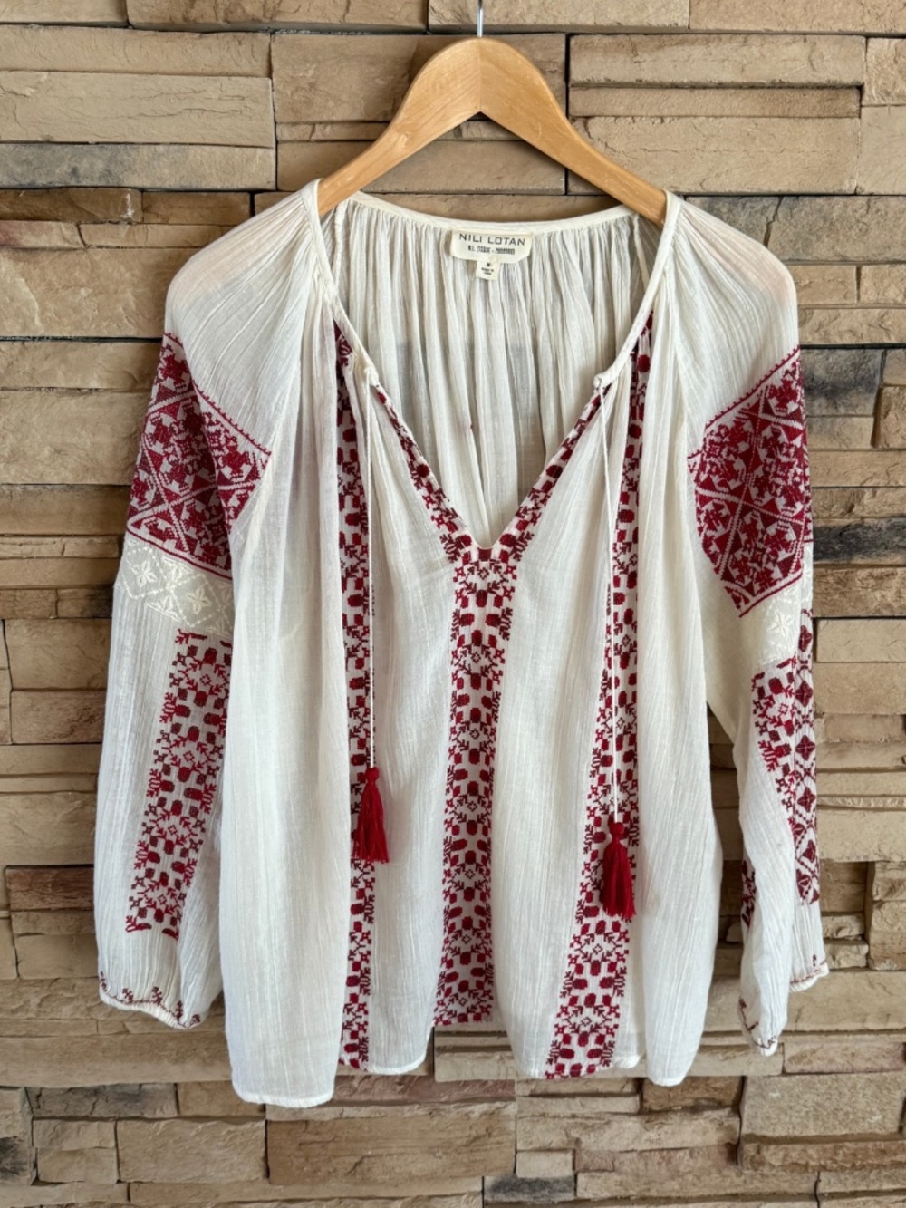 Nili Lotan White and Red Embroidered Blouse Size M